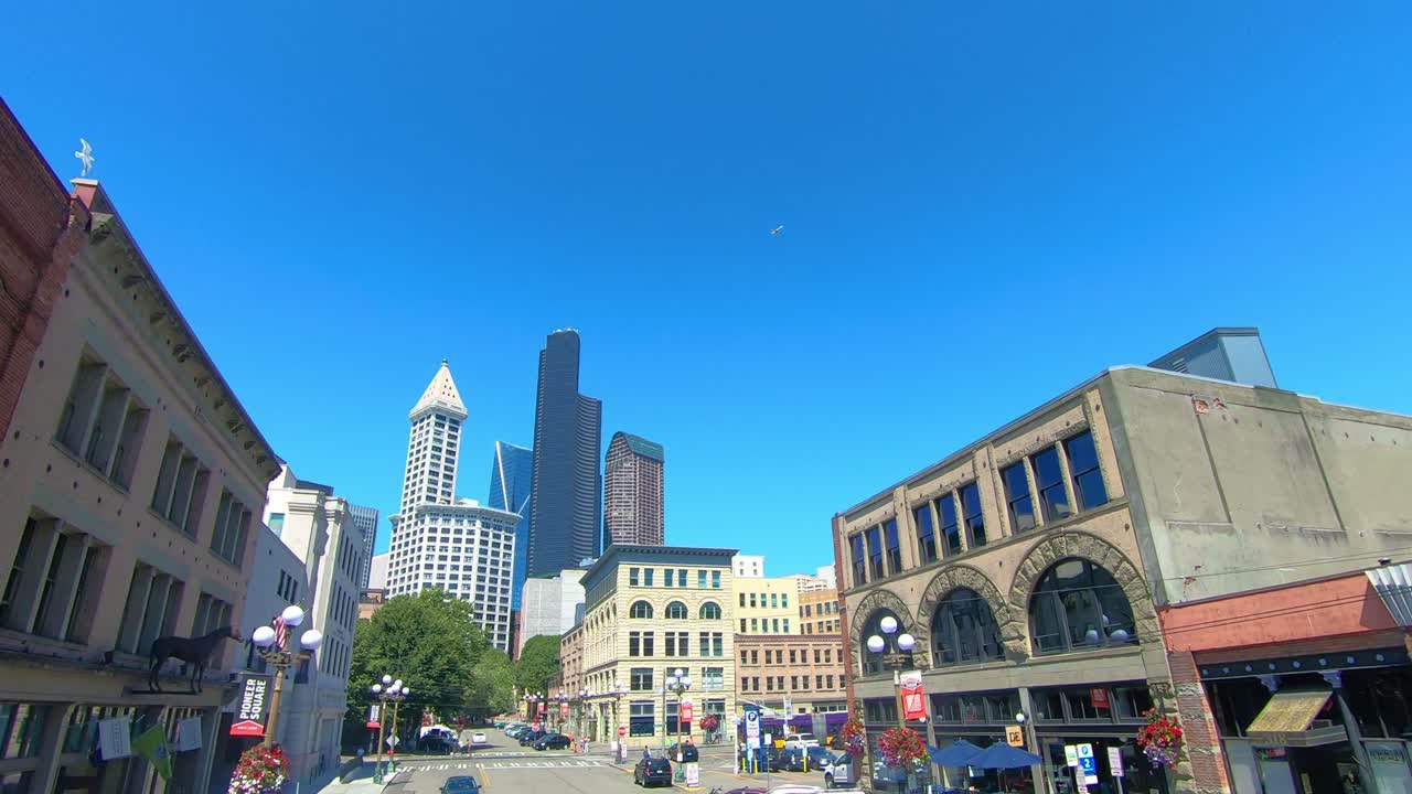 Distant view on Columbia Center Office Building skyscraper in Seattle city, Washington state, West coast