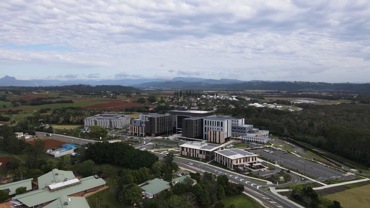 Aerial view of the newly built Tweed Valley Hospital with scenic views of the surrounding Tweed-Byron region Australia.