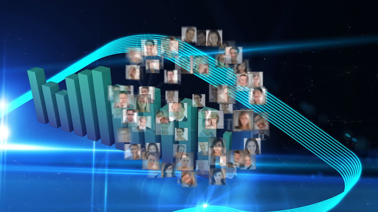 Network of diverse professionals animation over blue bar graph and digital lines