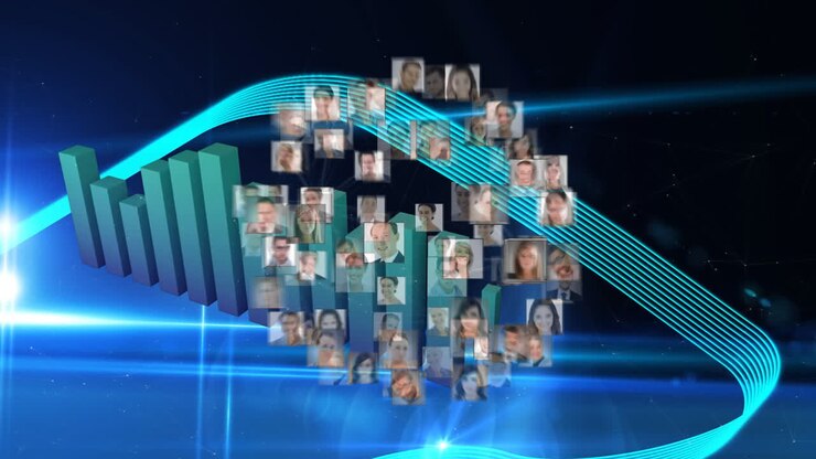Network of diverse professionals animation over blue bar graph and digital lines