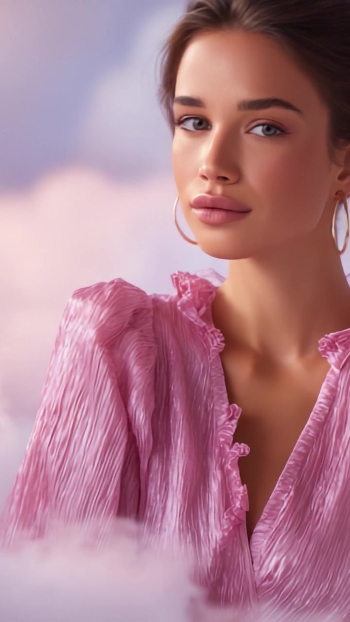 Un ritratto alla moda di una giovane donna che indossa una blusa rosa testurizzata su uno sfondo sognante di nuvole soffici e colori pastello
