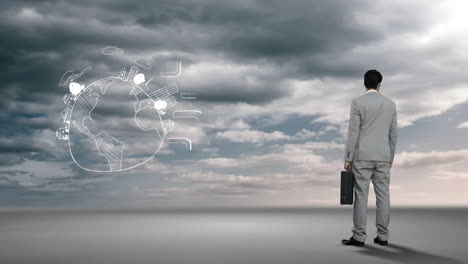 businessman looking at brainstorm in desert