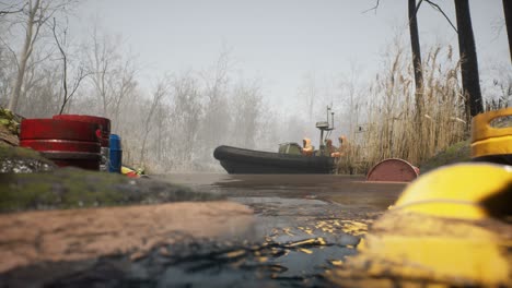 a team of conservationists sail their boat through a contaminated and chemical-poisoned pond. the concept of ecology. the loopable animation is for apocalyptic, ecology or environment backgrounds.
