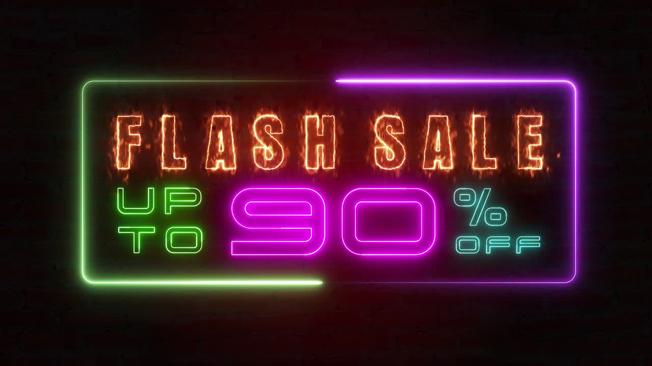 venta flash con trueno azul colorido de línea de neón blaze brillante parpadeante marco de bucle de animación al azar en un fondo negro.