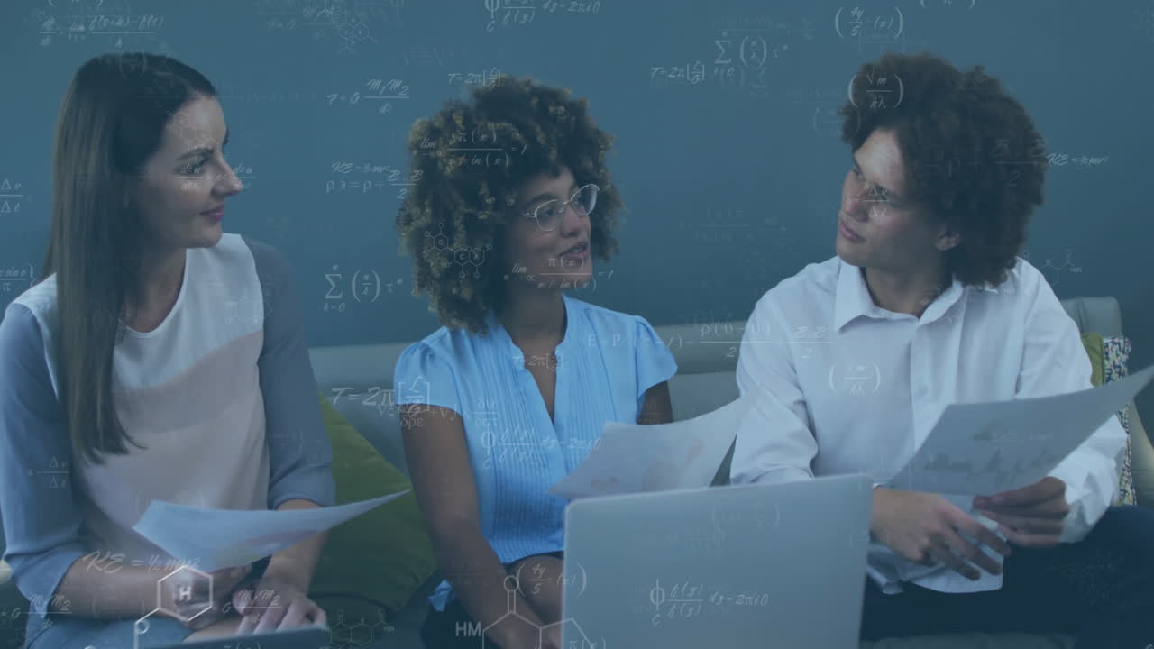 Animation of financial data processing over diverse business people in office