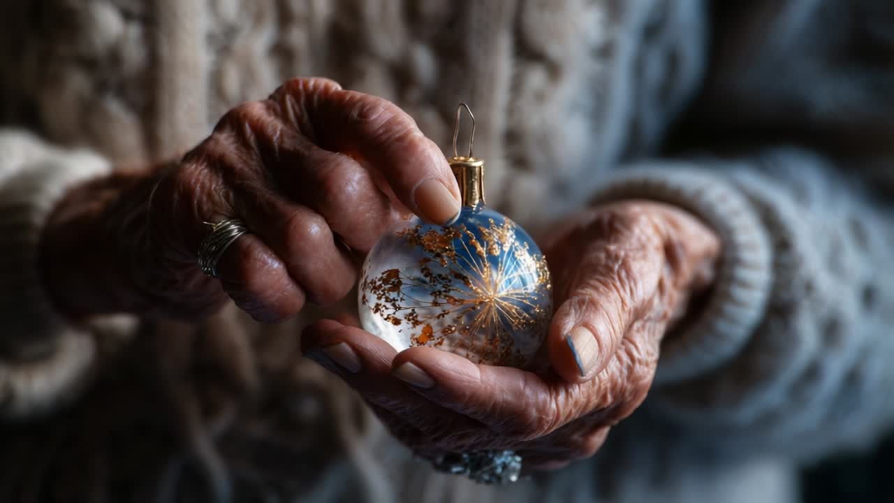 A Cherished Moment: An Elderly Person Holding a Beautifully Crafted Christmas Ornament with an Intricate Design, Capturing the Essence of Nostalgia and the Heartwarming Spirit of the Holiday Season