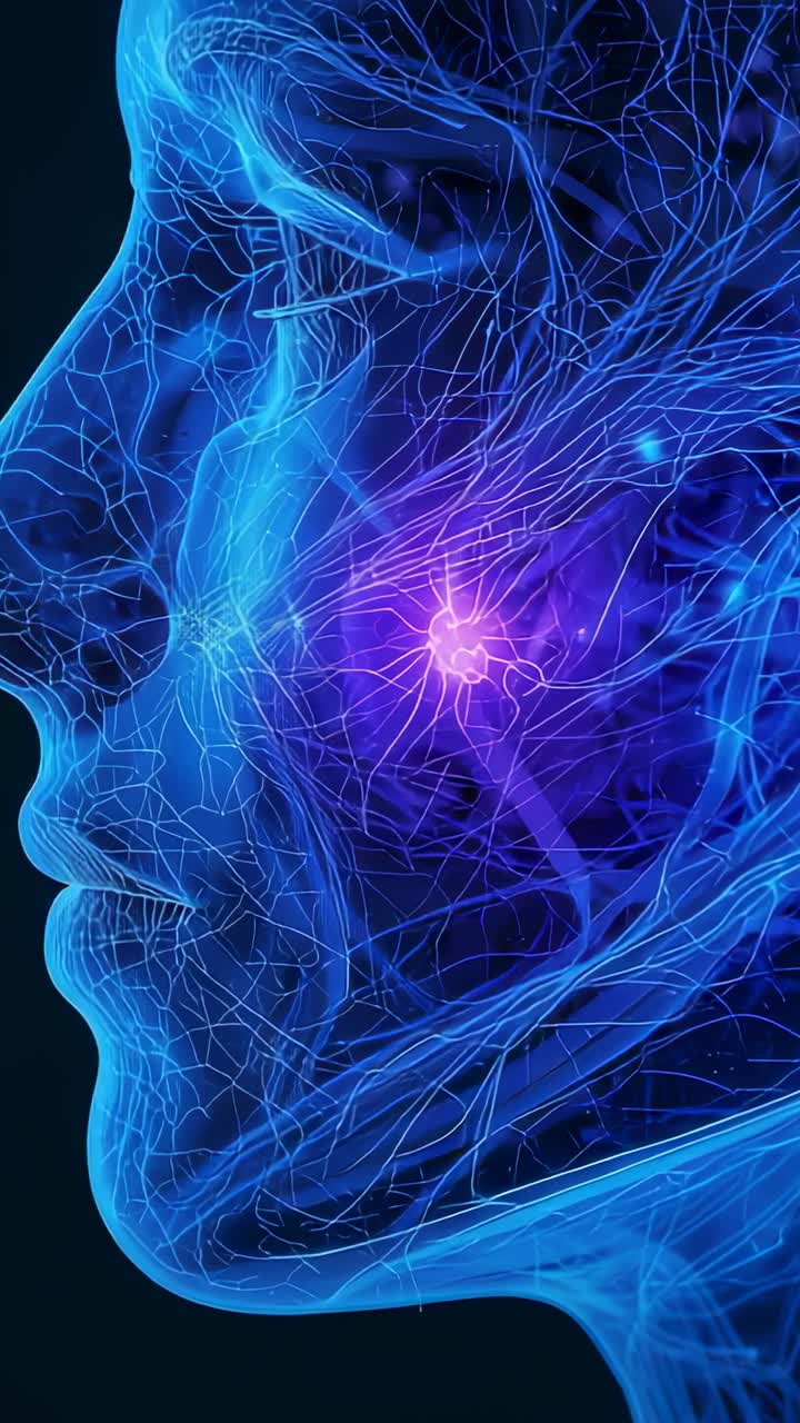 Vertical video: Pulsing pink synapse in head propagating signal through blue neural fibers on black