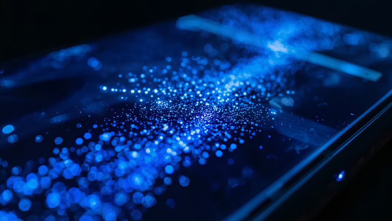 Reacting to LED pulse, phone on dark table showing pulsing blue dots on glass, glowing LED