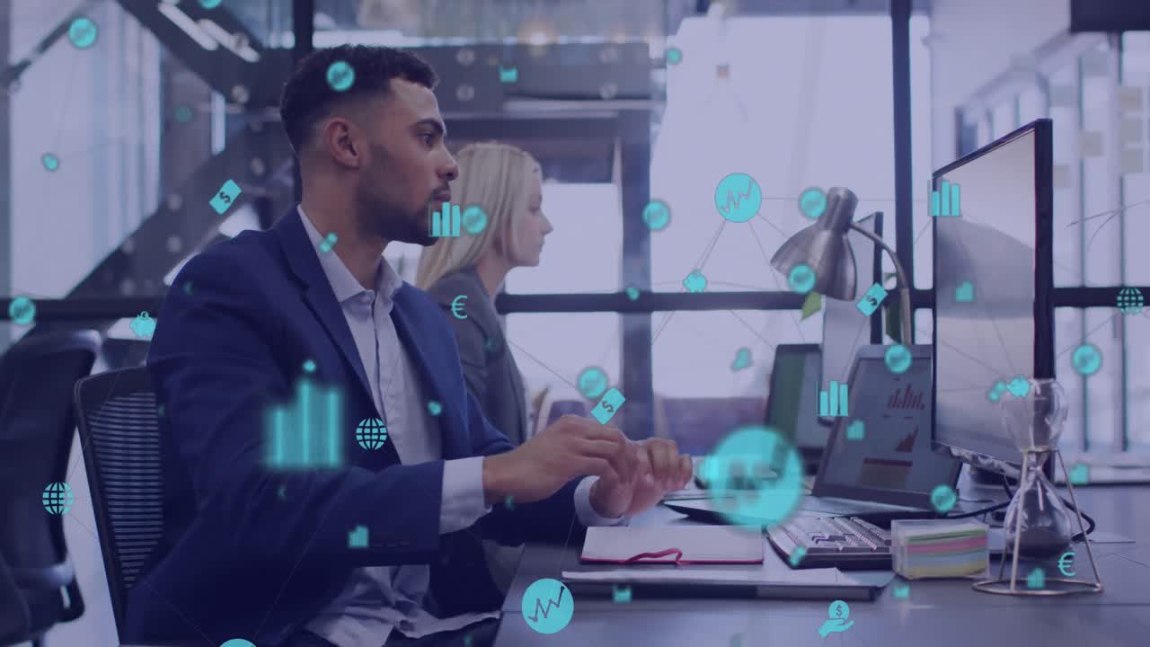 animación de la red de conexiones con iconos sobre diversas personas de negocios en la oficina