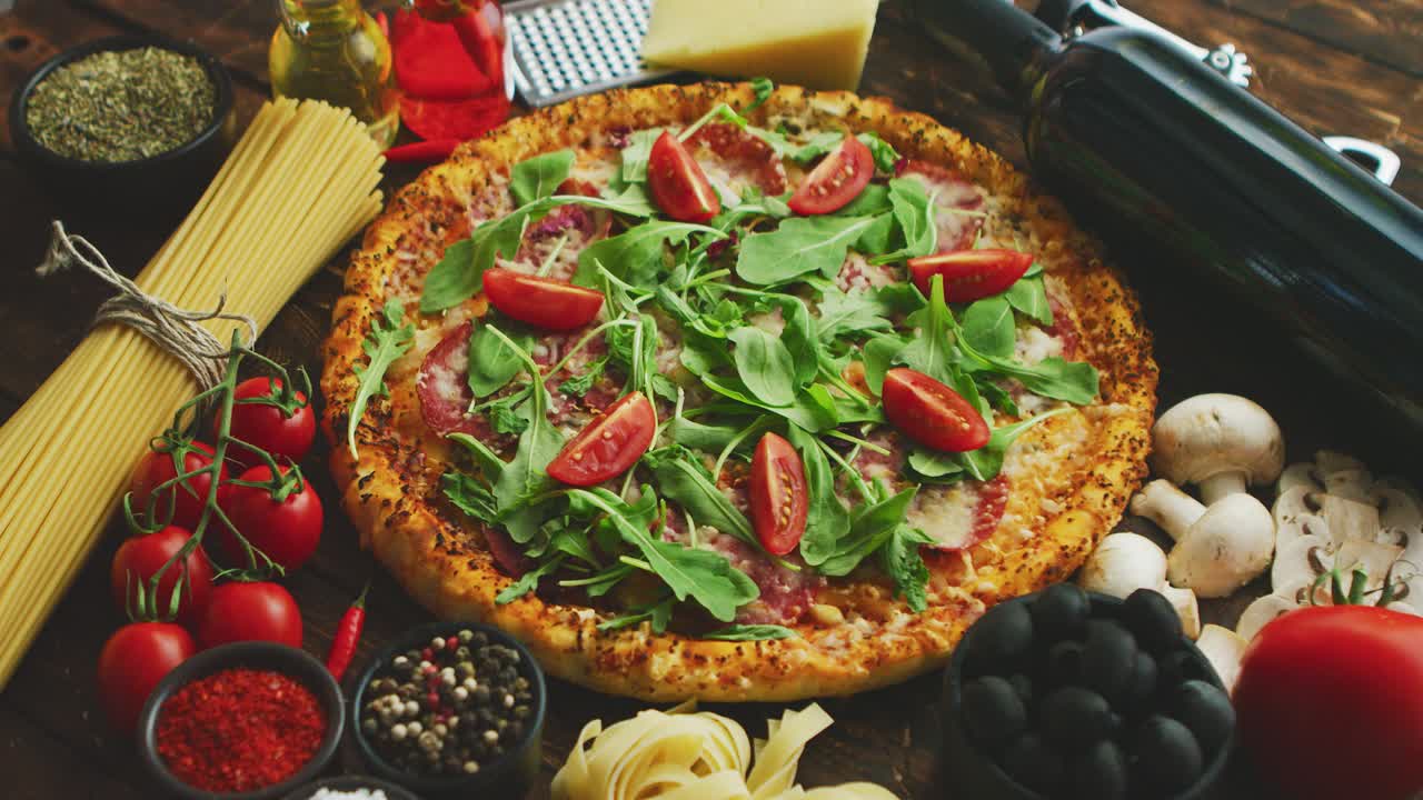 fondo de comida italiana con pizza, pasta cruda y verduras en la mesa de madera