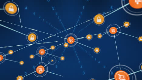 animation of network of conncetions with icons over data processing on blue background