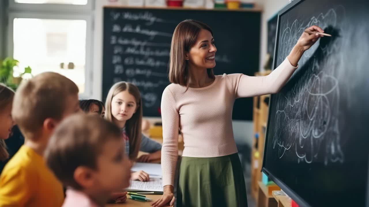 Un profesor capta la atención de sus alumnos en una pizarra en una clase. El vídeo muestra un ángulo lateral.