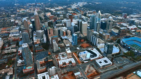 scenic view of charlotte downtown. american cityscape from drone footage at dusk