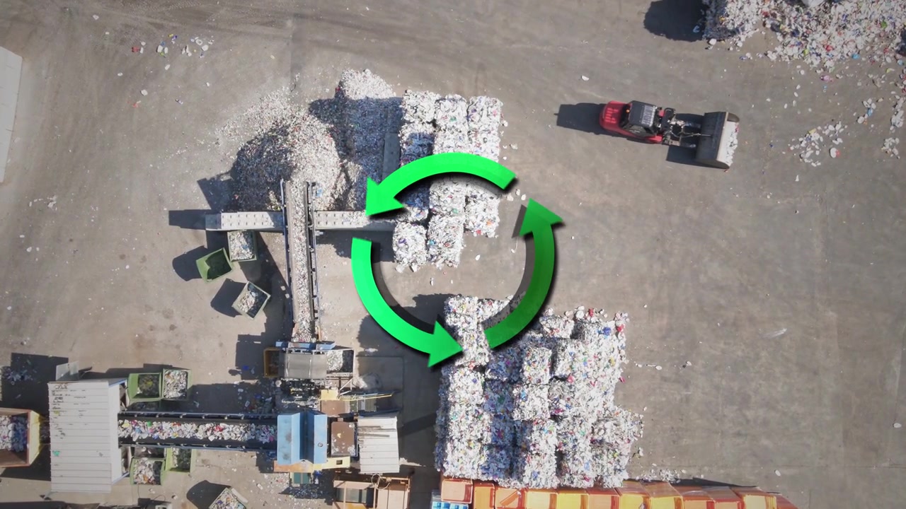 Aerial of machines working at a recycling facility with a rotating recycle icon