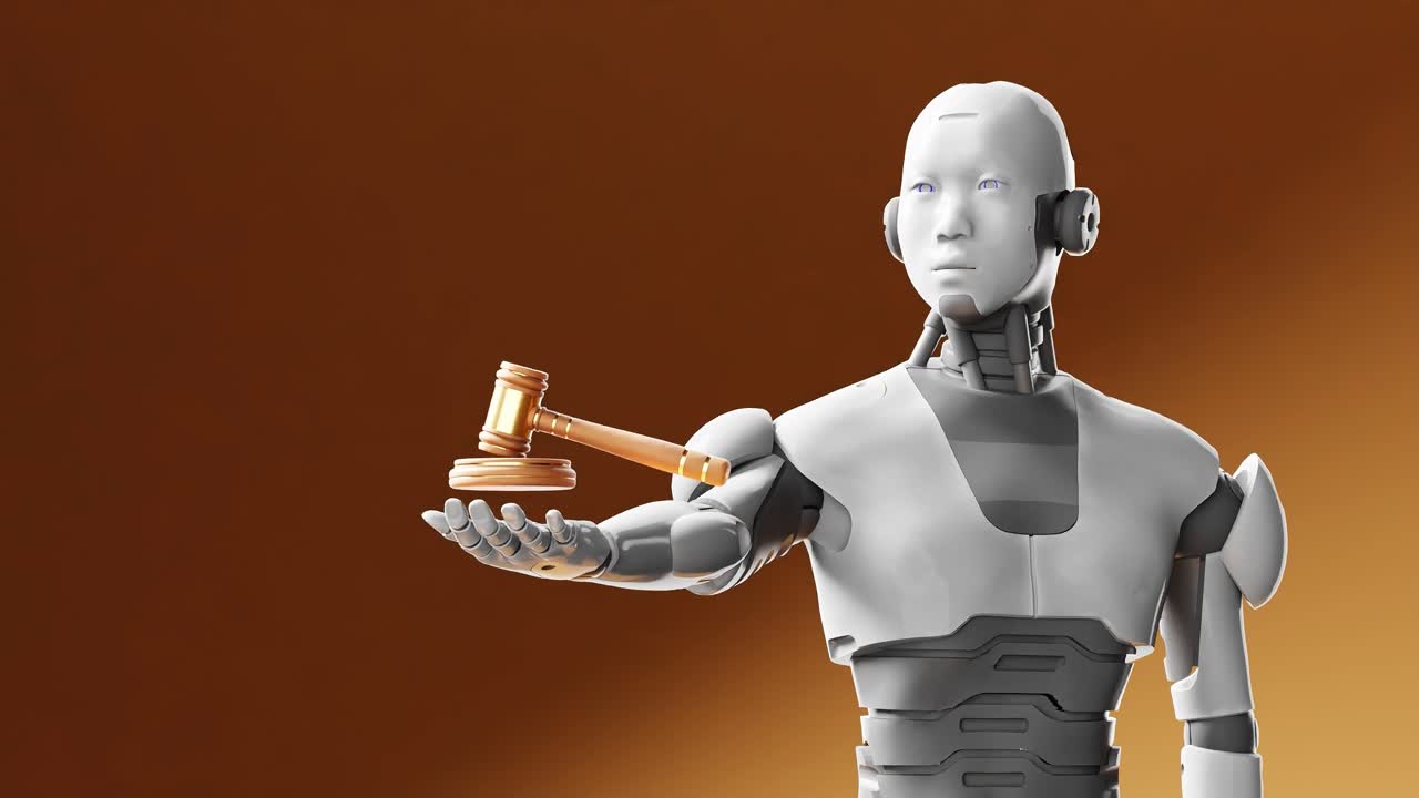 Người máy hình người cầm búa công lý của thẩm phán, trí tuệ nhân tạo trong phiên tranh luận tại tòa án trên nền cam, luật pháp và công lý trong kịch bản tương lai, hoạt ảnh kết xuất 3D