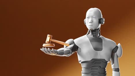 Cibernético-Humanoide-Sosteniendo-Un-Martillo-De-Justicia-De-Juez,-Inteligencia-Artificial-En-El-Debate-Judicial-Ley-De-Fondo-Naranja-Y-Justicia-En-Un-Escenario-Futurista-Animación-De-Renderizado-3d