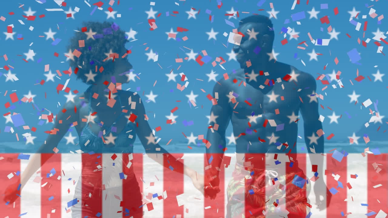 Animation of american flag and confetti over african american couple at beach