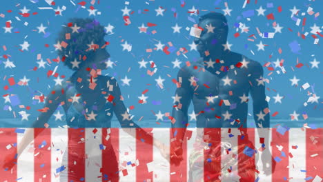 animation of american flag and confetti over african american couple at beach