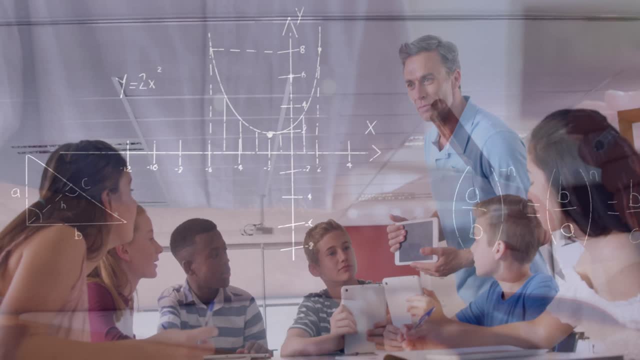 Animation of mathematical equations over male teacher and school children using tablets in classroom