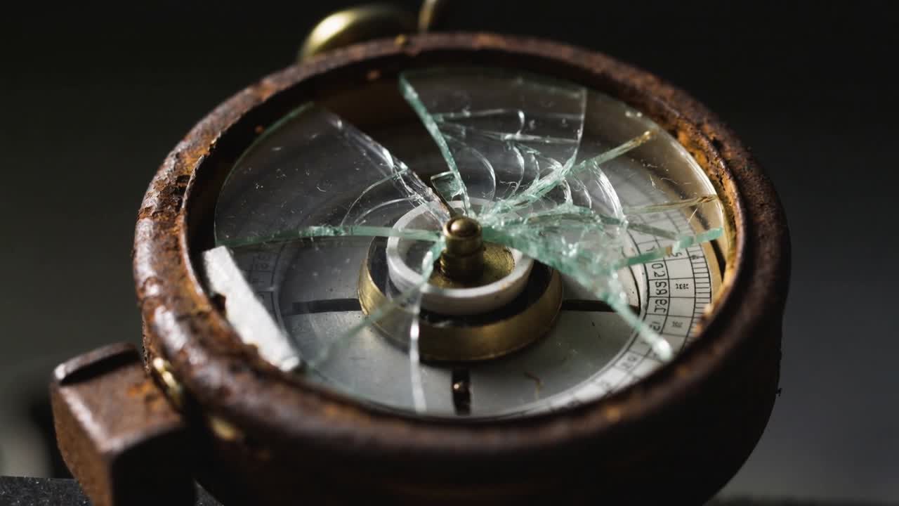 Pushing camera onto antique compass on dark surface, showing cracked crystal, brass spindle, age