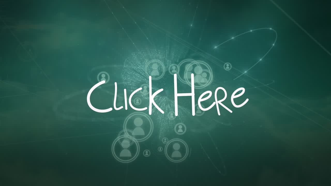 여기 텍스트, 프로필 아이콘 및 선과 추상적인 모양으로 연결된 점의 애니메이션을 클릭하십시오.