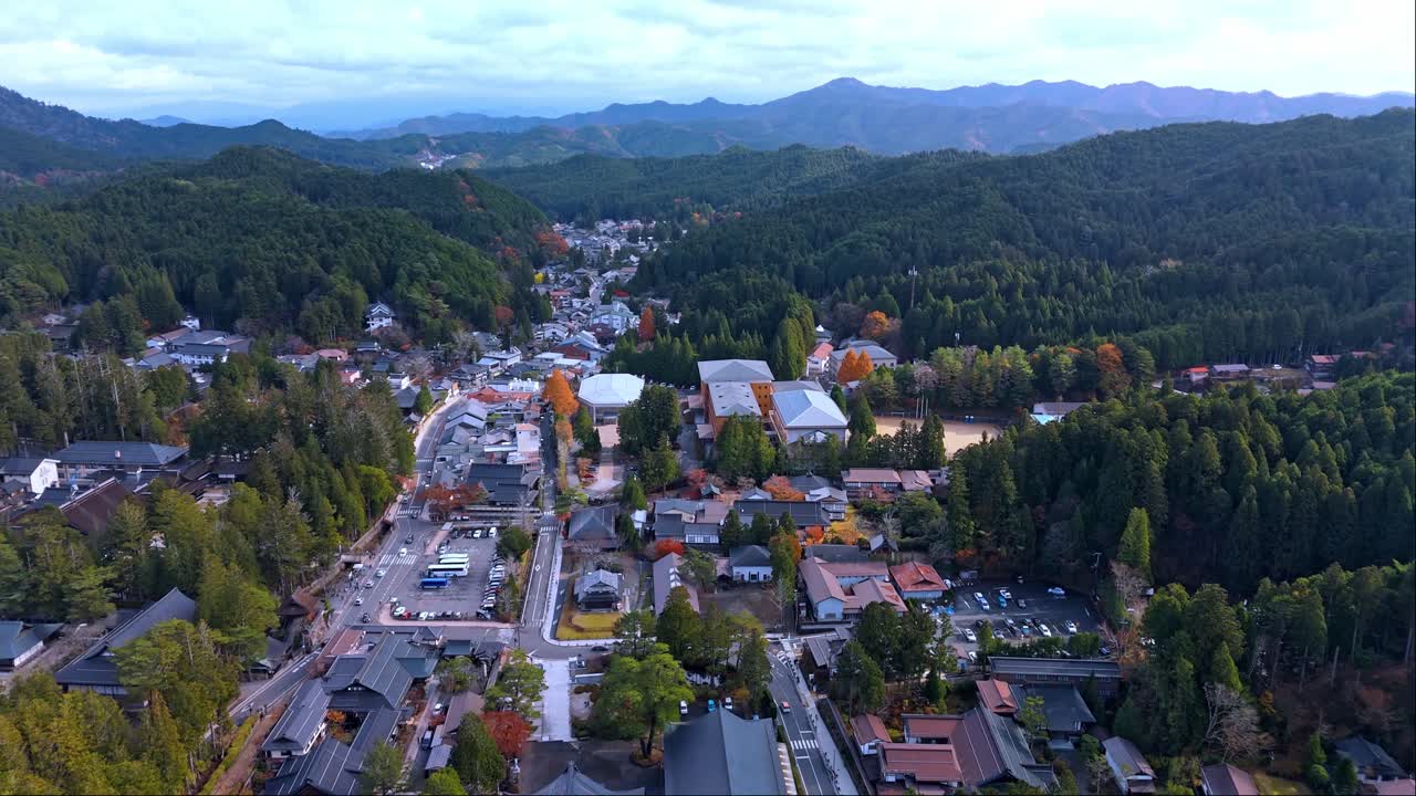 A breathtaking drone view of Koyasan city, nestled in the mountains of Wakayama, Japan.