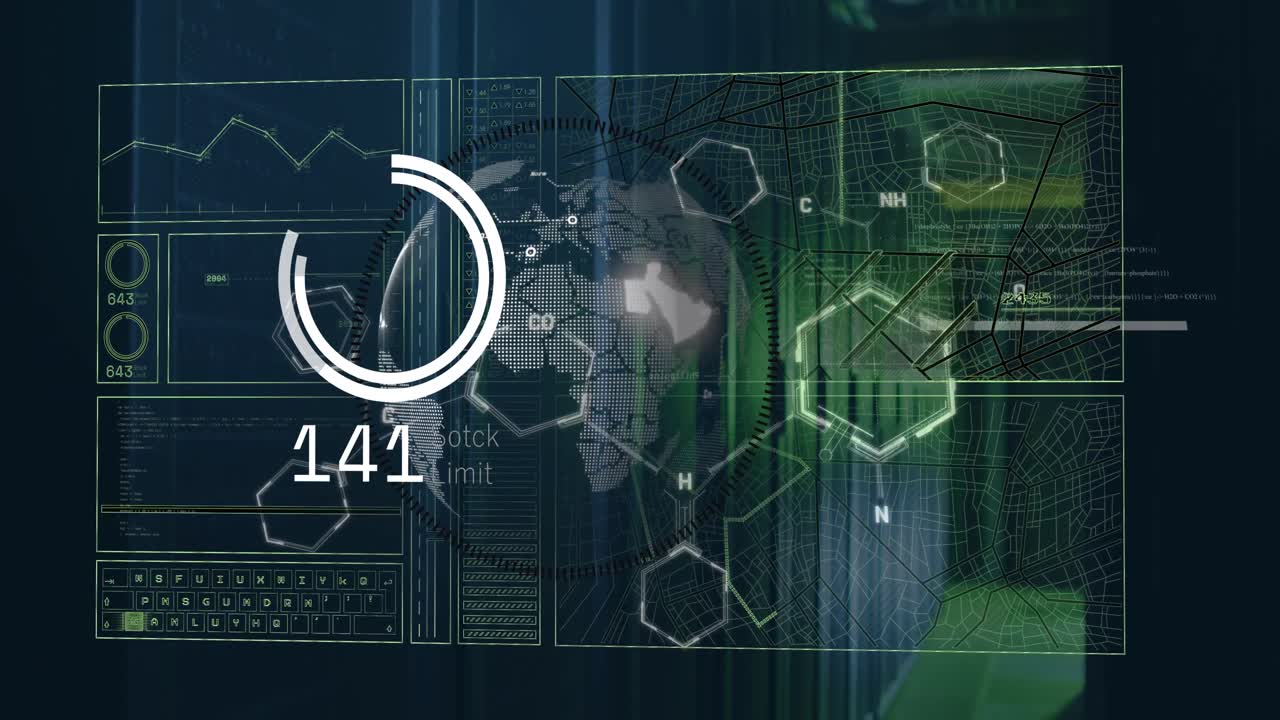 animación de la interfaz con procesamiento de datos sobre el globo giratorio contra la sala de servidores de la computadora.