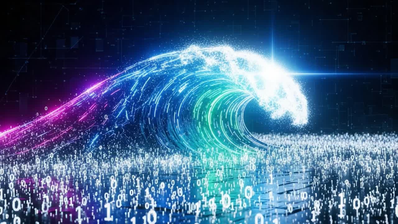 A Stunning Digital Wave of Light and Binary, Capturing the Essence of Technology and Innovation in a Vivid Display of Color and Motion