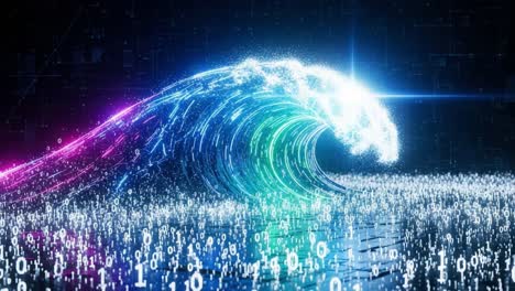 a stunning digital wave of light and binary, capturing the essence of technology and innovation in a vivid display of color and motion