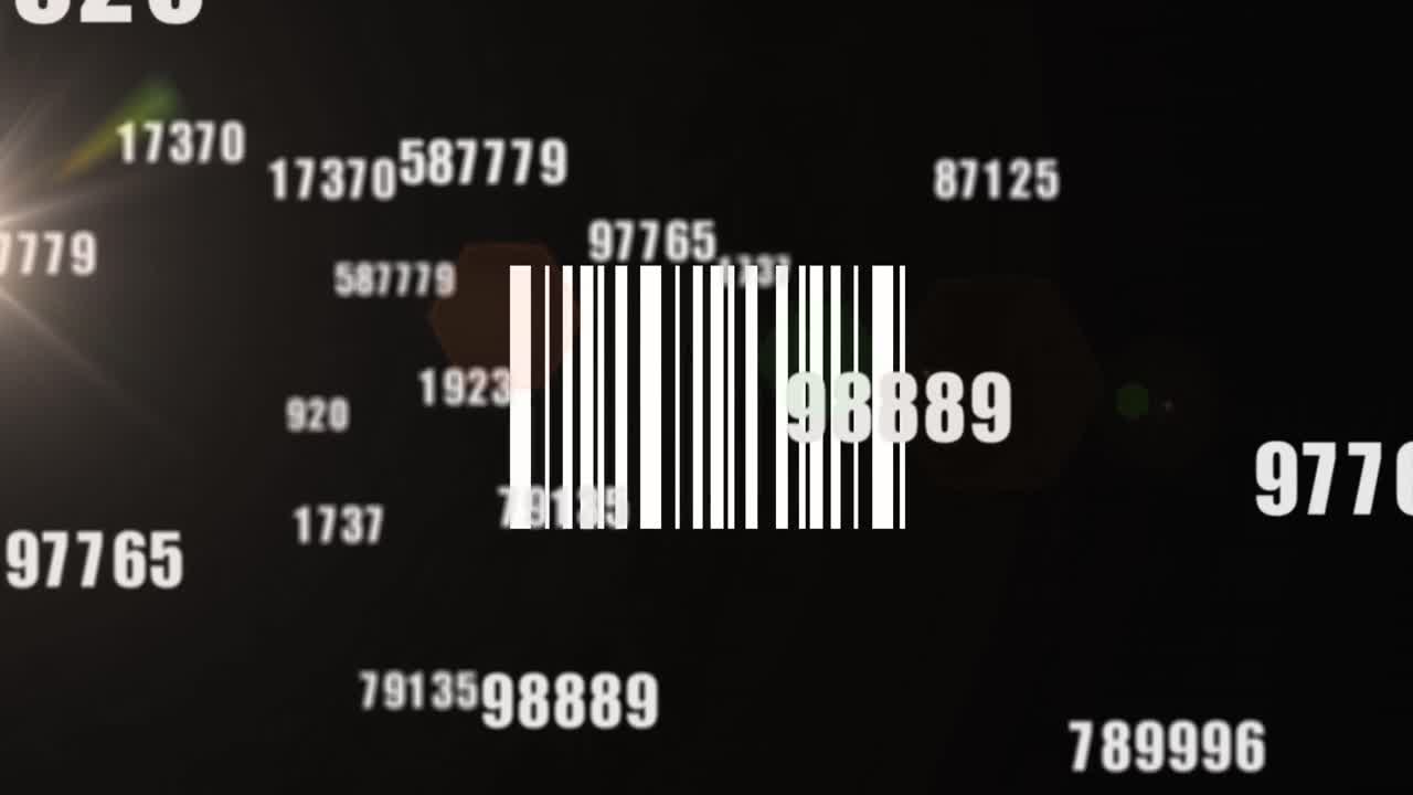 animación de código de barras sobre procesamiento de datos en fondo negro