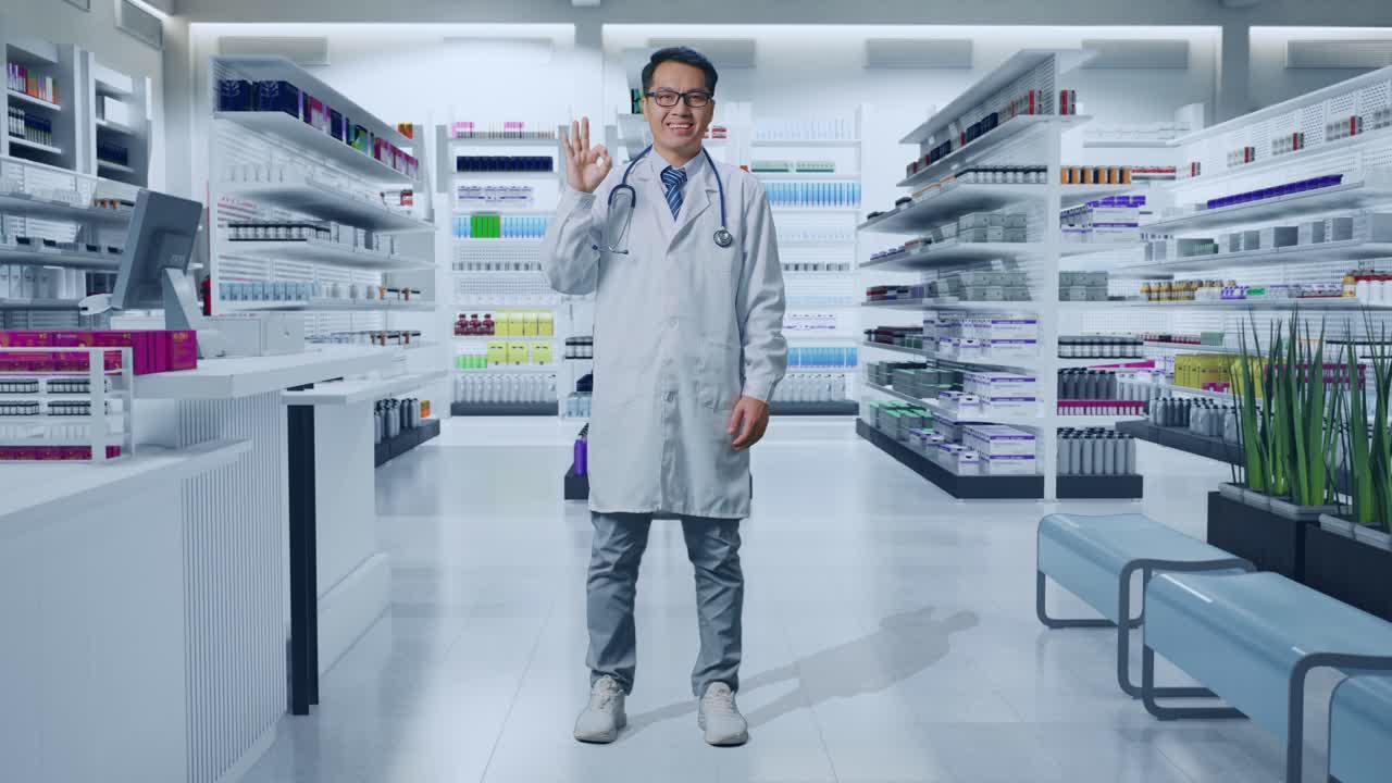 스테토스코프를 가진 아시아 남성 의사의 몸이 가득 차 있습니다. 약국에서 은 몸짓과 웃음을 보여줍니다.