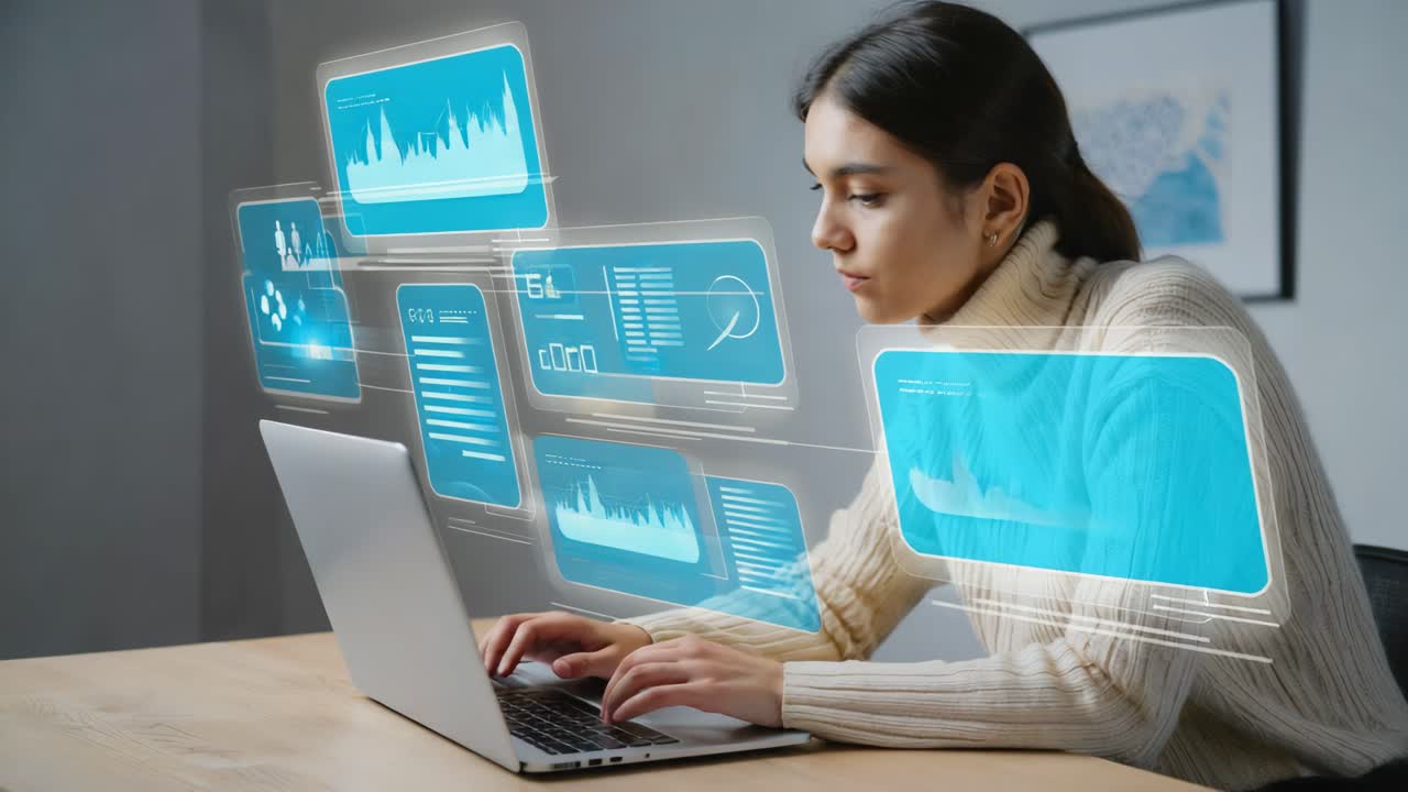 Woman analyzing data on laptop