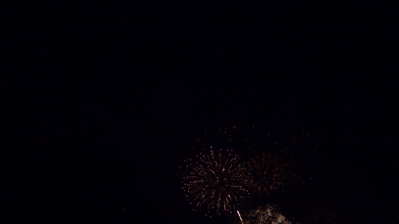 Multiple distant colorful fireworks fill the night sky. Copy space