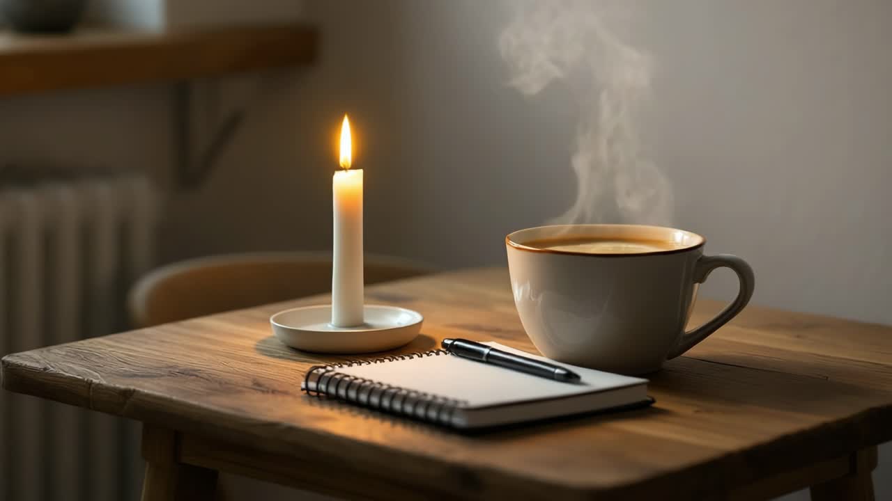 Warm wooden surface displaying steaming coffee mug, burning candle, waiting notebook and writing pen creating peaceful morning setting