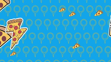 animación de pizzas y círculos iconos en fondo azul