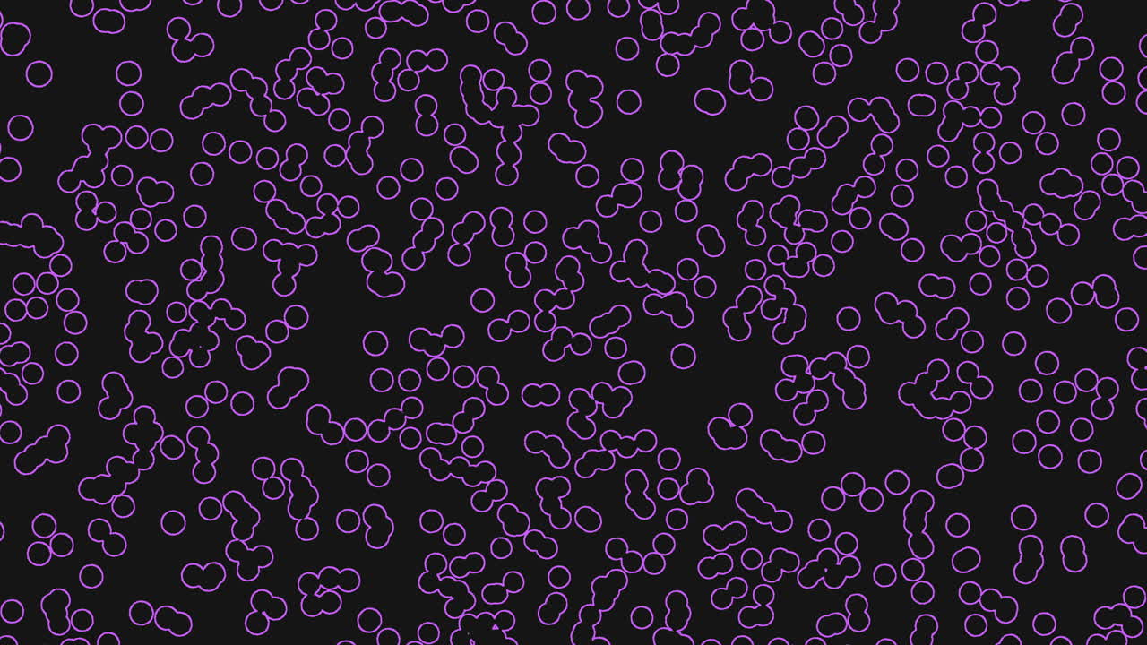 A dynamic pattern of small purple dots on a black background creates a sense of movement and flow. The closely packed circular shapes form a whimsical and lively composition