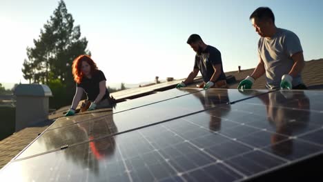 team installation of solar panels on rooftop: a collaborative effort toward sustainable energy solutions in a bright environment