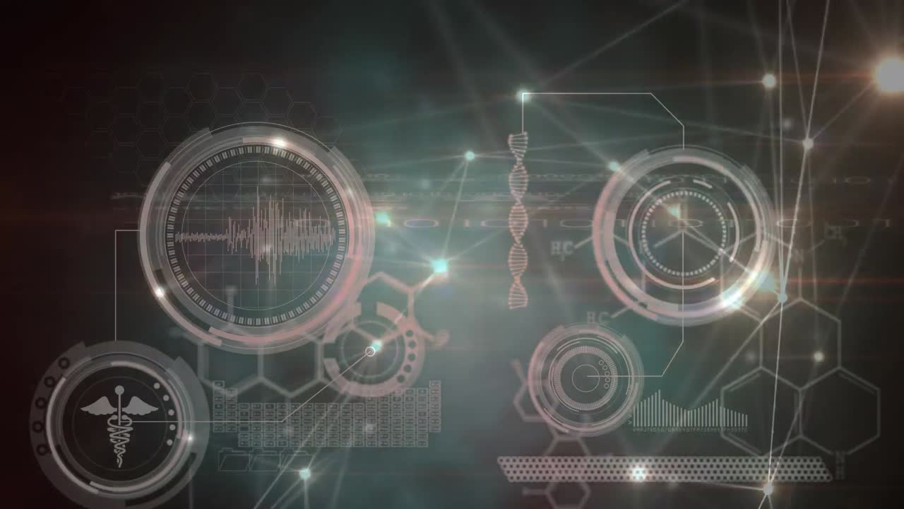 Animation of network of connections over data processing on black background