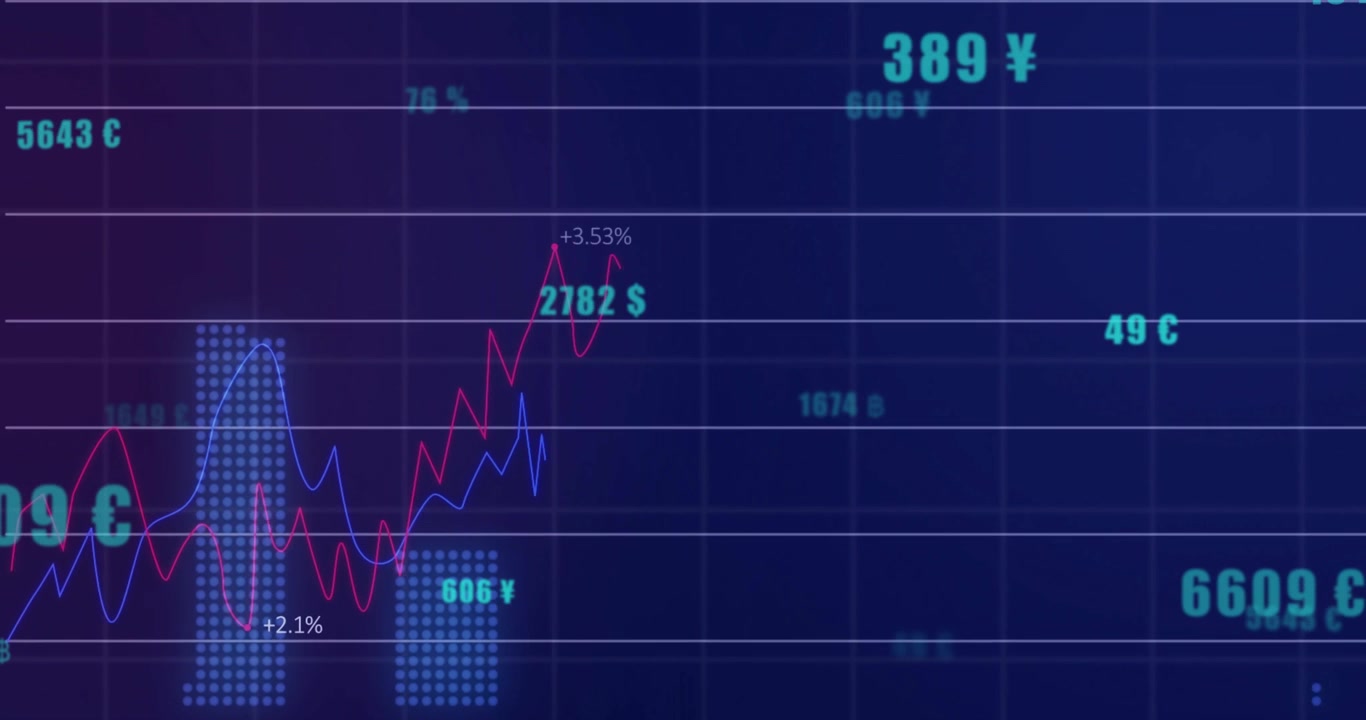 Intersecting red and blue line graphs moving over dark blue grid with light blue bar columns