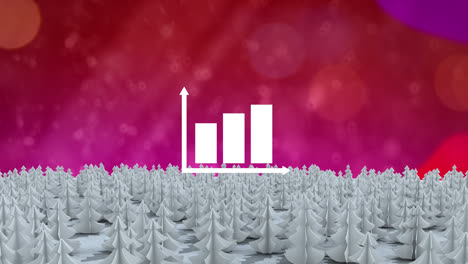icono de gráfico de barras sobre varios árboles en el paisaje de invierno contra manchas de luz en fondo rosa