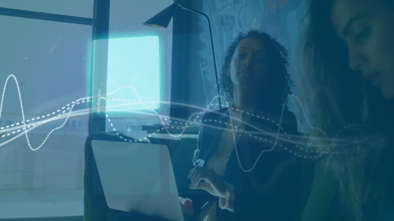 Animation of financial data processing over diverse business people in office