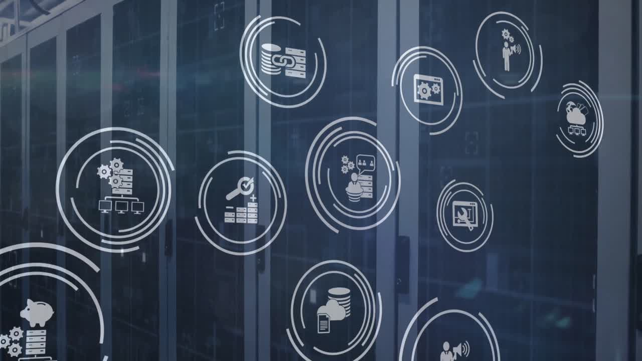 Animazione di diverse icone digitali e un punto luce in una sala server.