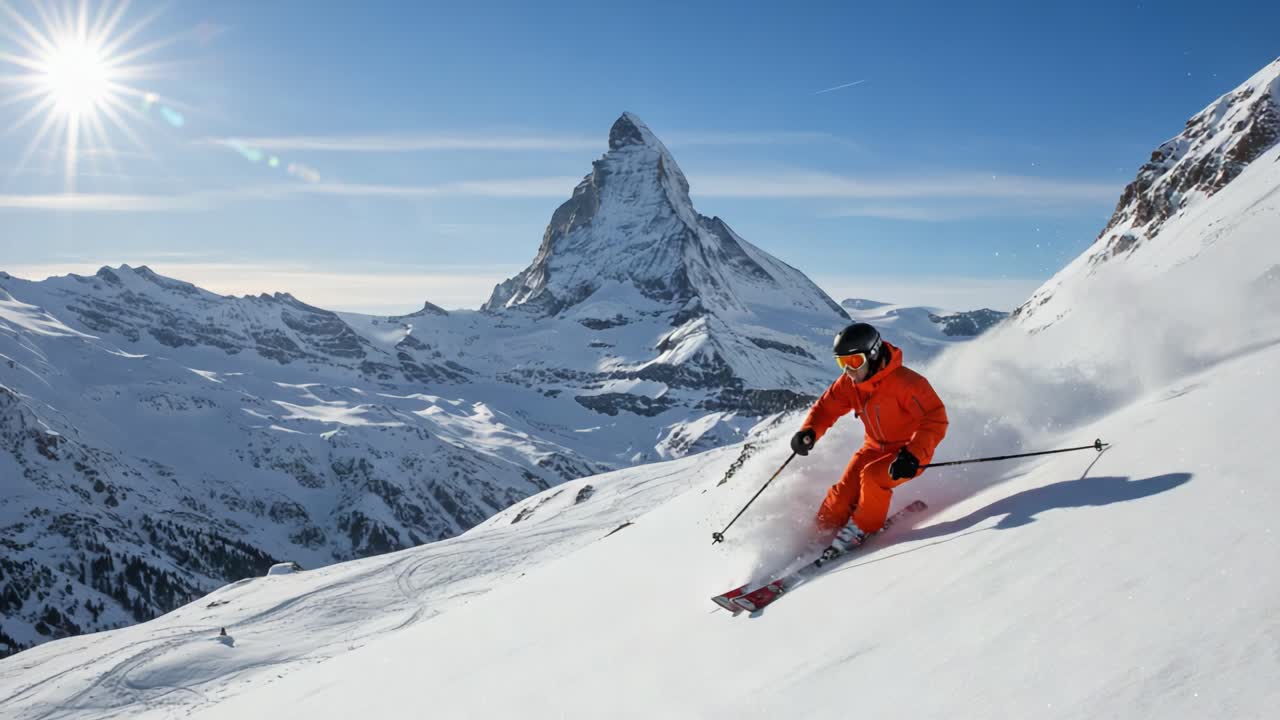 Skier in Bright Orange Suit Gracefully Navigating Snowy Slopes with Majestic Mountain Backdrop, Highlighting the Thrill of Winter Sports in a Stunning Alpine Landscape