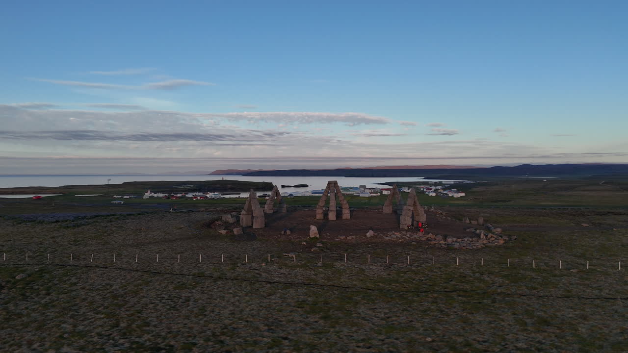 Aerial drone view of Arctic Henge at sunset in Raufarhöfn, Iceland, showing the monument and surrounding landscape