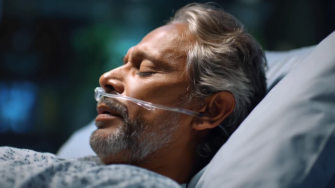 Uomo riposa in un letto d'ospedale, calmo, sereno. Un tubo dell'ossigeno supporta la respirazione, silenzioso, pacifico. Una luce notturna brilla dolcemente sullo sfondo, calma, rilassante. Ideale per temi medici, benessere o recupero.