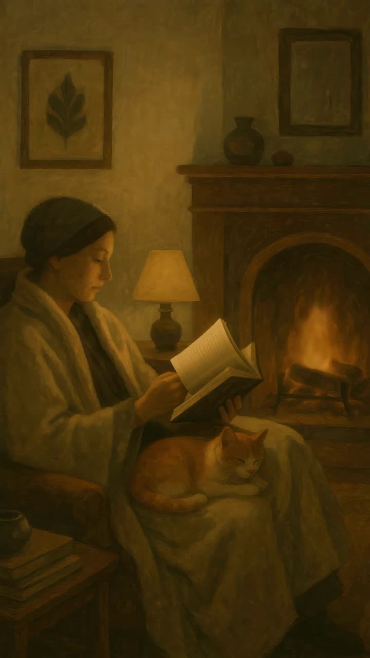 Cozy video concept with a warm, vintage style. A woman reads by a fireplace, captured from a side