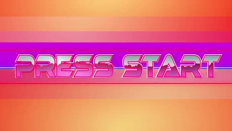 animation of press start text in pink metallic, over neon lines on orange and purple