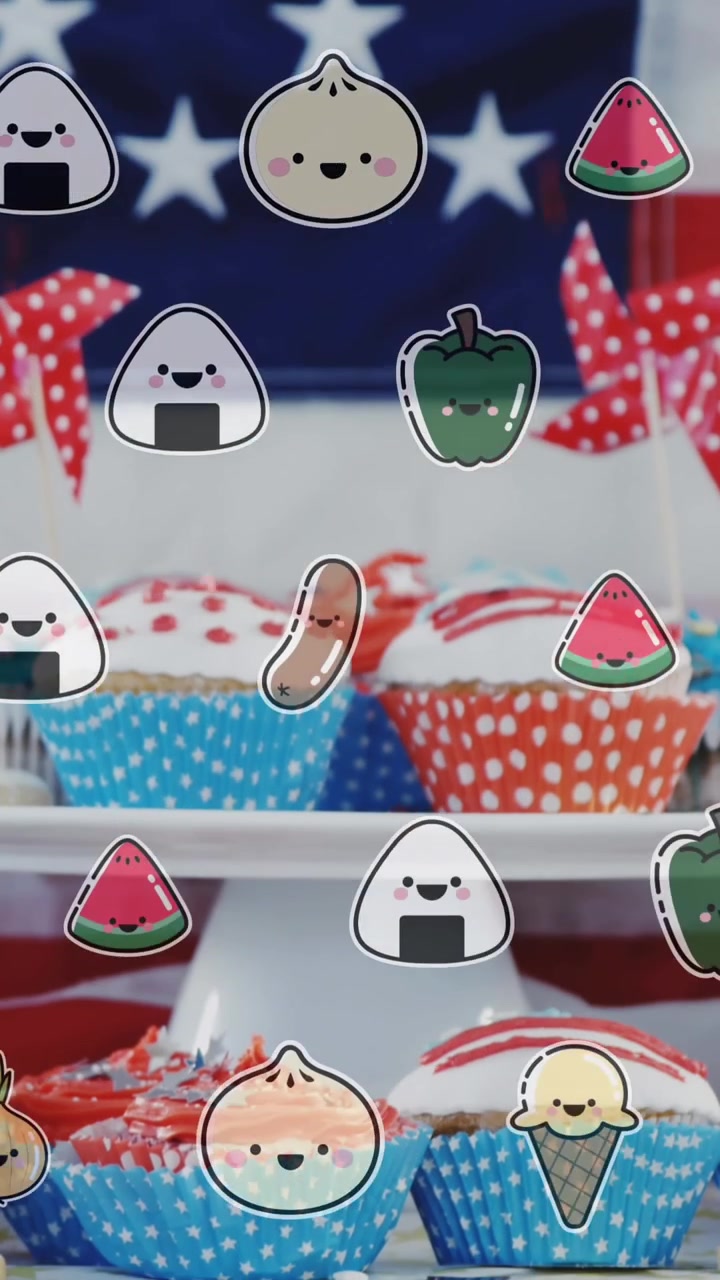 Animation of falling food over cupcakes on table