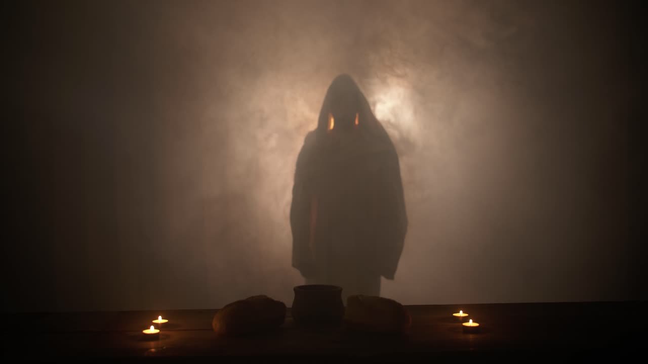 Mysterious Figure in Fog with Offering