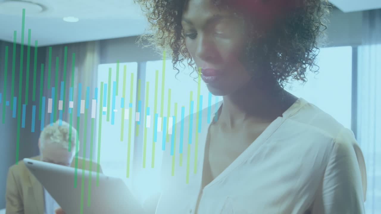 Animation of financial graphs over african american woman using tablet